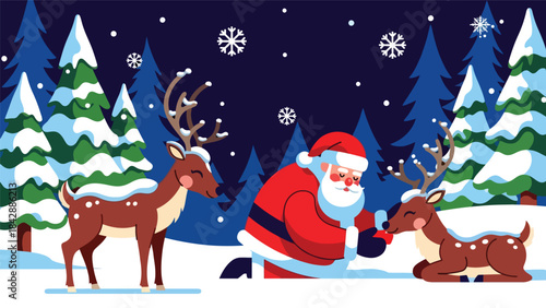 Flat vector illustration of Santa feeding his reindeer in a snowy field, ideal for festive stories, holiday branding, children’s books, and warm Christmas-themed designs