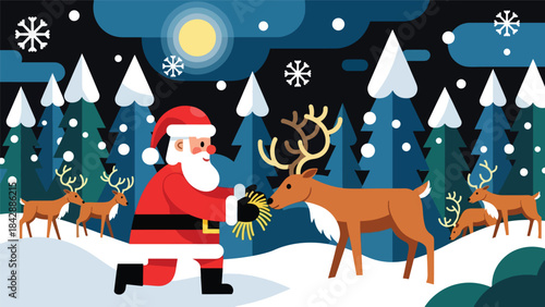 Flat vector illustration of Santa feeding his reindeer in a snowy field, ideal for festive stories, holiday branding, children’s books, and warm Christmas-themed designs