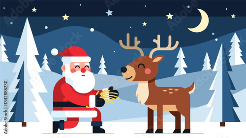 Flat vector illustration of Santa feeding his reindeer in a snowy field, ideal for festive stories, holiday branding, children’s books, and warm Christmas-themed designs