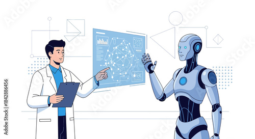 Futuristic research and development concept featuring a scientist and an android discussing data