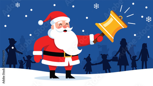 Flat vector illustration of Santa ringing a bell to greet children, ideal for festive advertising, event posters, holiday signage, and cheerful Christmas visuals