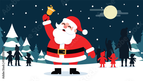 Flat vector illustration of Santa ringing a bell to greet children, ideal for festive advertising, event posters, holiday signage, and cheerful Christmas visuals