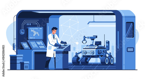 Futuristic research lab showcasing a scientist controlling a sophisticated robotic rover