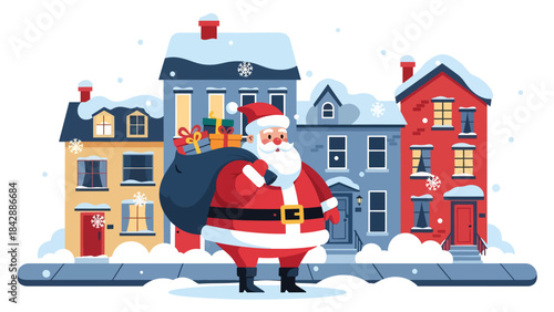 Flat vector illustration of Santa delivering gifts door-to-door in an urban neighborhood, ideal for modern holiday campaigns, festive posters, and Christmas advertising