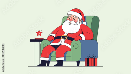 Flat vector illustration of Santa relaxing in an armchair after Christmas Eve, ideal for warm seasonal graphics, greeting cards, cozy holiday promotions, and festive storytelling