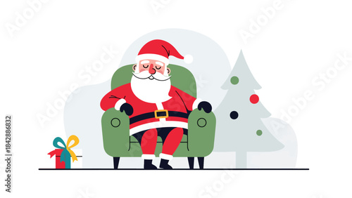 Flat vector illustration of Santa relaxing in an armchair after Christmas Eve, ideal for warm seasonal graphics, greeting cards, cozy holiday promotions, and festive storytelling