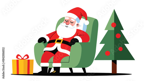Flat vector illustration of Santa relaxing in an armchair after Christmas Eve, ideal for warm seasonal graphics, greeting cards, cozy holiday promotions, and festive storytelling