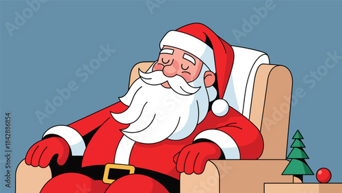 Flat vector illustration of Santa relaxing in an armchair after Christmas Eve, ideal for warm seasonal graphics, greeting cards, cozy holiday promotions, and festive storytelling