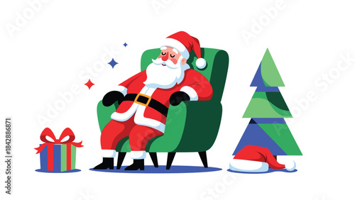 Flat vector illustration of Santa relaxing in an armchair after Christmas Eve, ideal for warm seasonal graphics, greeting cards, cozy holiday promotions, and festive storytelling