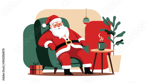 Flat vector illustration of Santa relaxing in an armchair after Christmas Eve, ideal for warm seasonal graphics, greeting cards, cozy holiday promotions, and festive storytelling