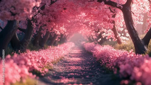 Blossom Path: A serene pathway, artfully lined with trees in full bloom, invites the viewer into a spectacle of spring, where every petal and branch celebrates the beauty of renewal.