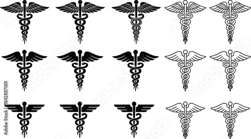 Set of fifteen caduceus medical symbols in black and outline styles, representing healthcare, medicine, and professional emblem design variations.