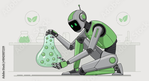 Futuristic Robot Scientist Conducting Biofuel Research in a Modern Laboratory Setting