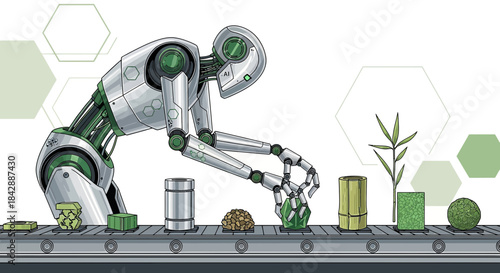 Futuristic robotic arm assembling a diverse collection of environmentally friendly materials