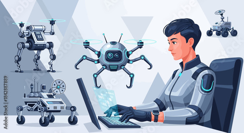 Futuristic Robotics: An Engineer Commands an Array of Autonomous Machines Through Advanced