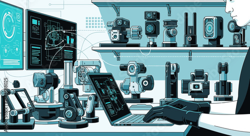 Futuristic robotics engineering lab with advanced camera technology and digital interface designs