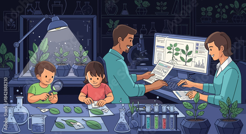 Family engaged in plant science research and education in a home laboratory setting, with adults analyzing data and children observing leaves.