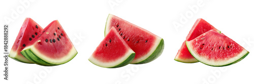 Set of Refreshing watermelon slice and cube on a white surface, bright red juicy interior, summer freshness transparent png background. Ai generated