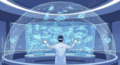 Futuristic scientist interacting with a complex holographic display of insect robotics