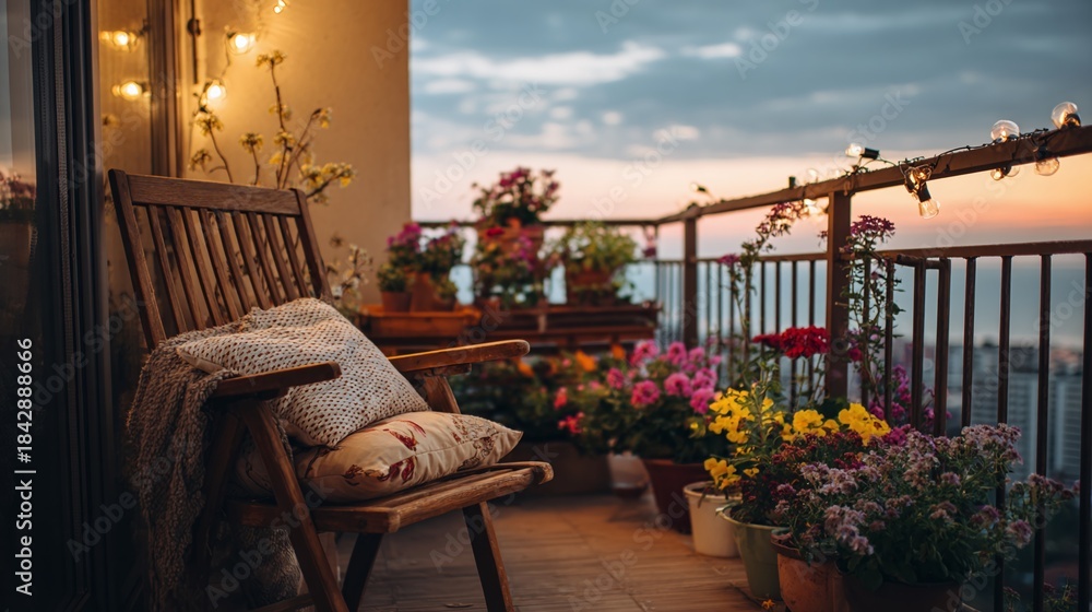 Obraz premium Balcony bliss at sunset. A cozy wooden chair with pillows invites relaxation amidst vibrant flower pots and soft, ambient string lights, creating an enchanting outdoor space.