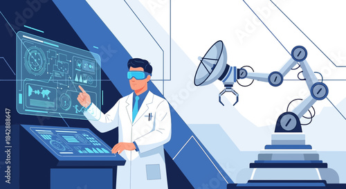 Futuristic technology integration scientist interacts with digital interface and robotics arm
