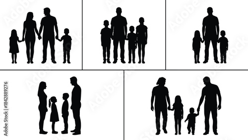 Family silhouette collection showing parents with children, standing and holding hands, black vector figures for illustration, design, education and lifestyle projects