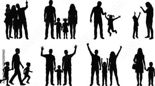 Family silhouette collection of parents and children, walking, playing and posing, black vector people set for design, illustration use