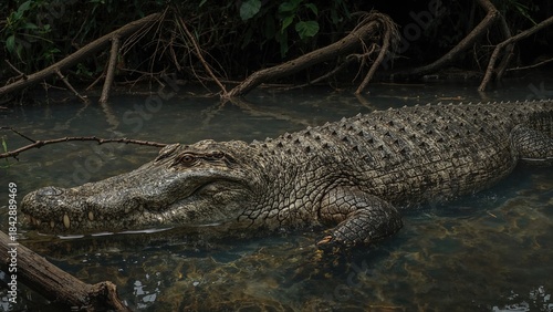 Crocodile resting in water surrounded by branches and greenery, with the number 1954.
