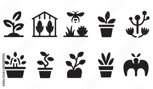 Eco gardening insects plants wildlife and nature outline icon set. Clean and modern line icon set focused on organic plant care, houseplants, indoor gardening, sustainability, watering, pruning