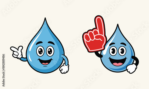 Happy cartoon water drops with foam finger and pointing.