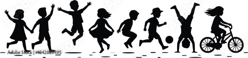 Silhouette collection of children running, jumping, playing and riding bikes, energetic kid activity vector illustration for education, design, recreation and lifestyle projects