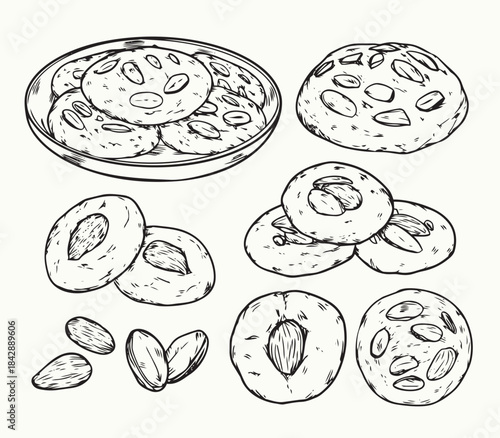 Isolate hand drawn various kind of Almond cookies outline drawing line art illustration
