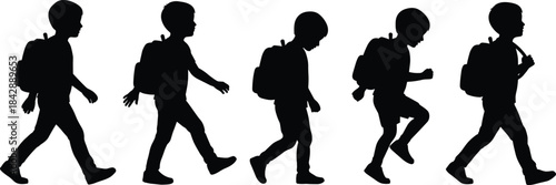 Silhouette collection of school children walking with backpacks, kids in motion going to class, black vector illustration for education, learning and design projects