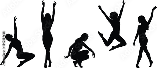 Silhouette collection of women dancing, posing, stretching and jumping in graceful movement, black vector female figure set for design, fitness and artistic projects