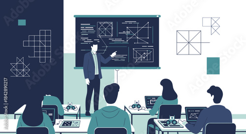 Illustrated classroom setting with instructor teaching students about robotics design and coding
