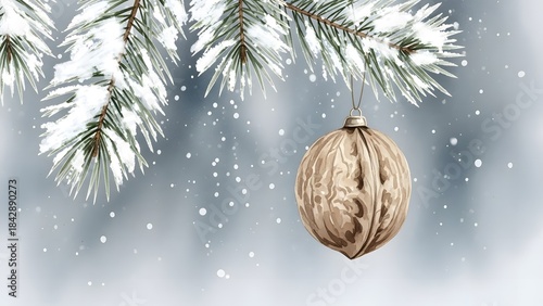 Ornamental Christmas decoration hanging from snowy pine branch  