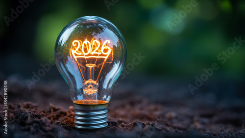 Glowing Lightbulb with 2026 on Filament in Soil