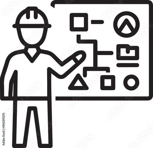 An engineer or construction worker standing next to a large planning board minimalist black line icon 2