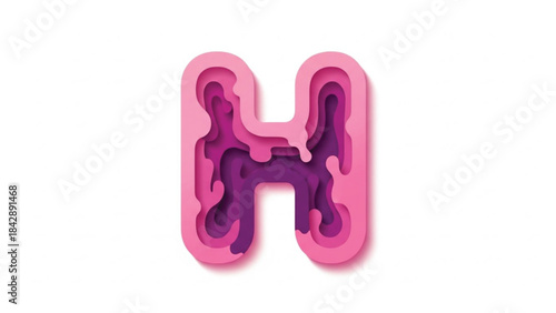A creative 3D paper-cut illustration of the letter "H" featuring vibrant pink and deep purple layered depths. This modern, topographic style graphic uses shadows to create a multi-dimensional.