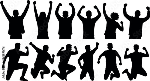 Celebrating Group Silhouettes with Arms Raised in Victory