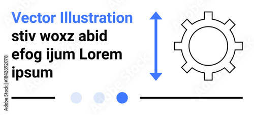 Gear with vertical arrow suggesting configuration, options, progress. Includes placeholder text, dots, and lines. Ideal for engineering, workflow, customization progress tech setup operations