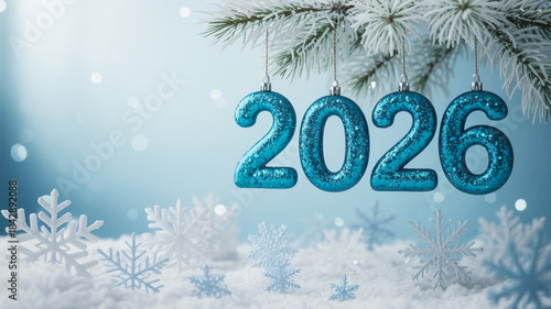 Blue 2026 New Year Decoration with Snowflakes and Pine Branches