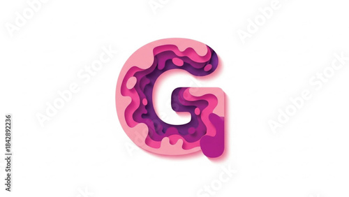 A creative 3D paper-cut illustration of the letter "G" featuring vibrant pink and deep purple layered depths. This modern, topographic style graphic uses shadows to create a multi-dimensional.