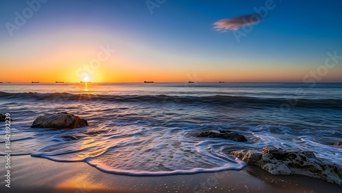 Fototapeta Naklejka Na Ścianę i Meble -  Beautiful sunrise over the ocean with gentle waves and distant ships