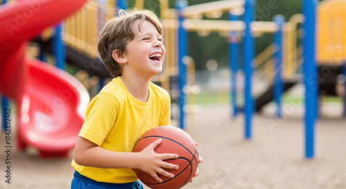 Happy boy laughing with a basketball at the playground
