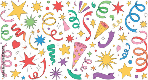 Celebration Icon Set – Stars, Streamers, Confetti, Hearts & Party Poppers in Colorful Festive Style