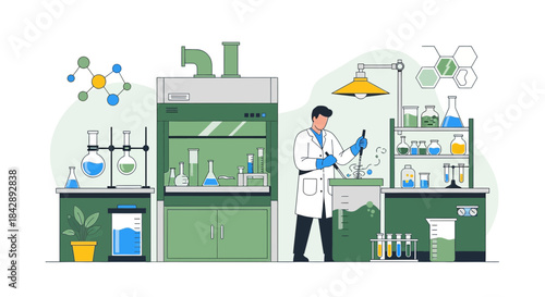 A scientist in a laboratory conducting an experiment with various scientific tools and equipment