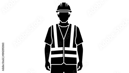 Black silhouette of a construction worker wearing a hard hat and high-visibility vest, representing industrial safety.