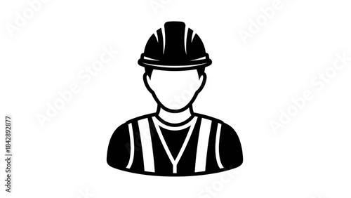 Black and white icon of a construction worker wearing a hard hat and safety vest, representing labor and safety.