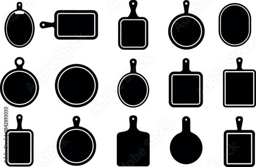 Collection of various cutting board icons in black and white